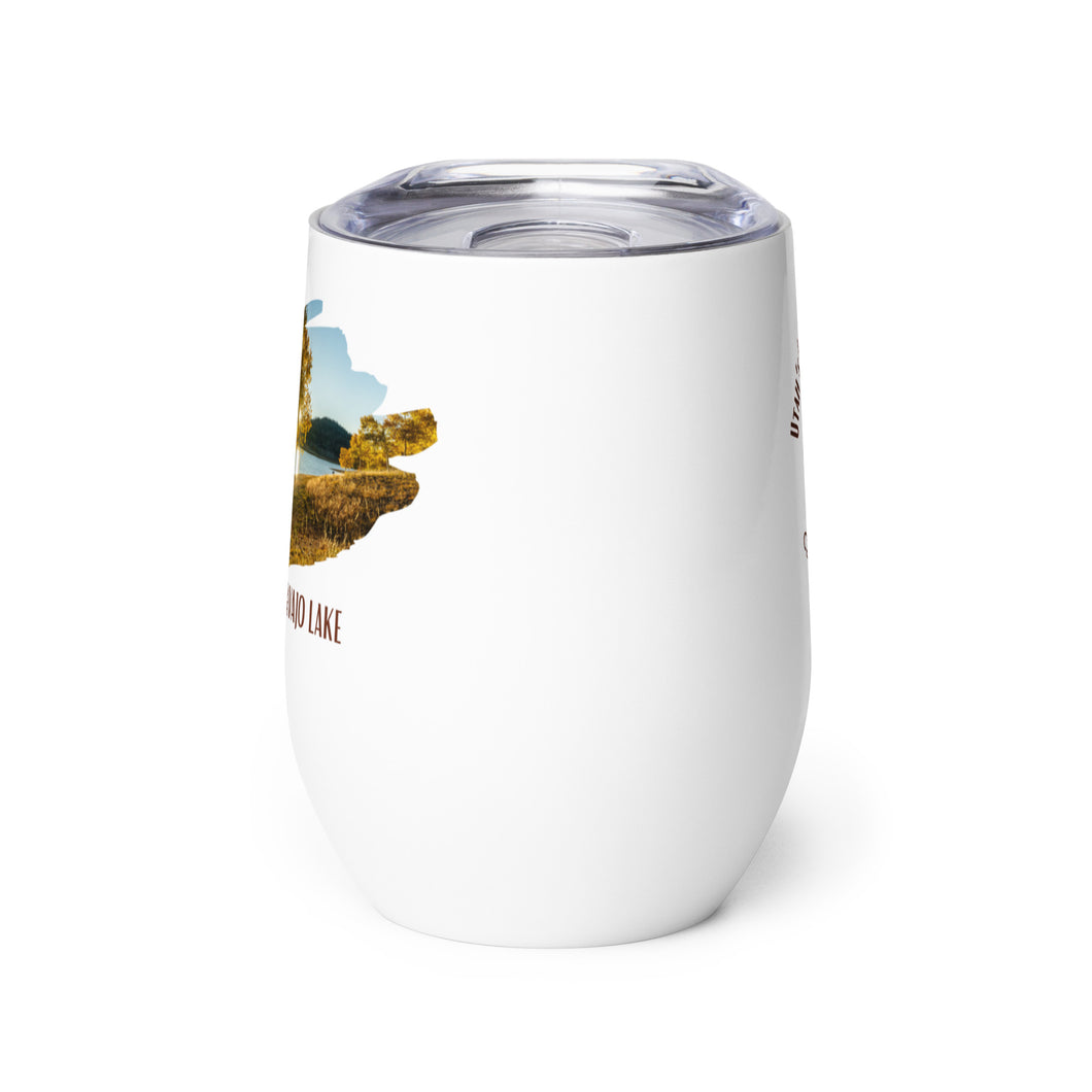 Wine tumbler, white with Navajo Lake, UT printed on the front side.