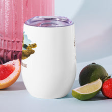 Load image into Gallery viewer, Wine tumbler, white with Navajo Lake, UT printed comparing size.
