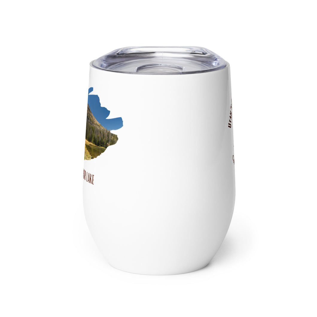 Wine tumbler, white with Mirror Lake, UT printed on the front side.
