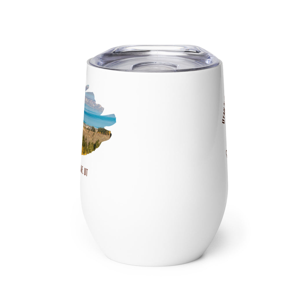 Wine tumbler, white with Bear Lake, UT printed on the front side.