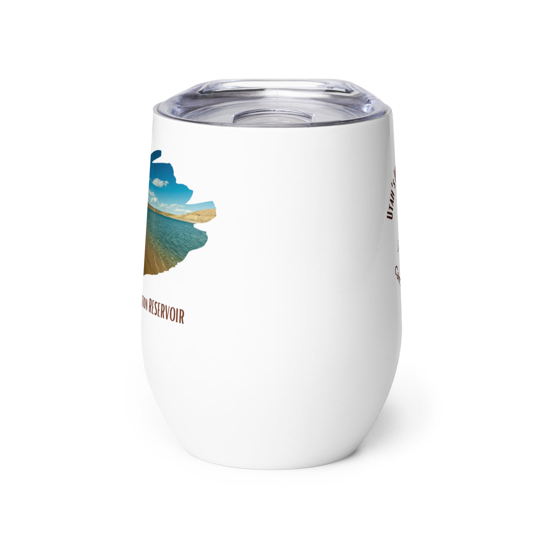 Wine tumbler, white with Starvation Reservoir, UT printed on the front side.
