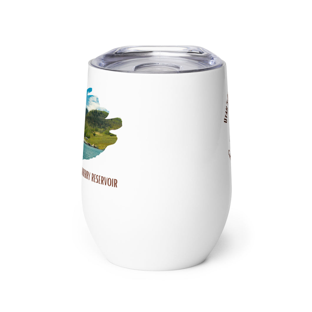 Wine tumbler, white with Strawberry Reservoir, UT printed on the front side.