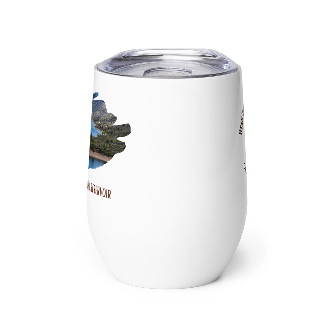 Wine tumbler, white with Lost Creek Reservoir, UT printed on the front side.