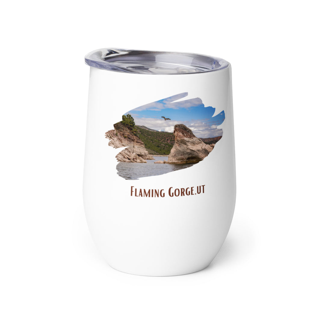 Wine tumbler, white with Flaming Gorge, UT printed on the left side.