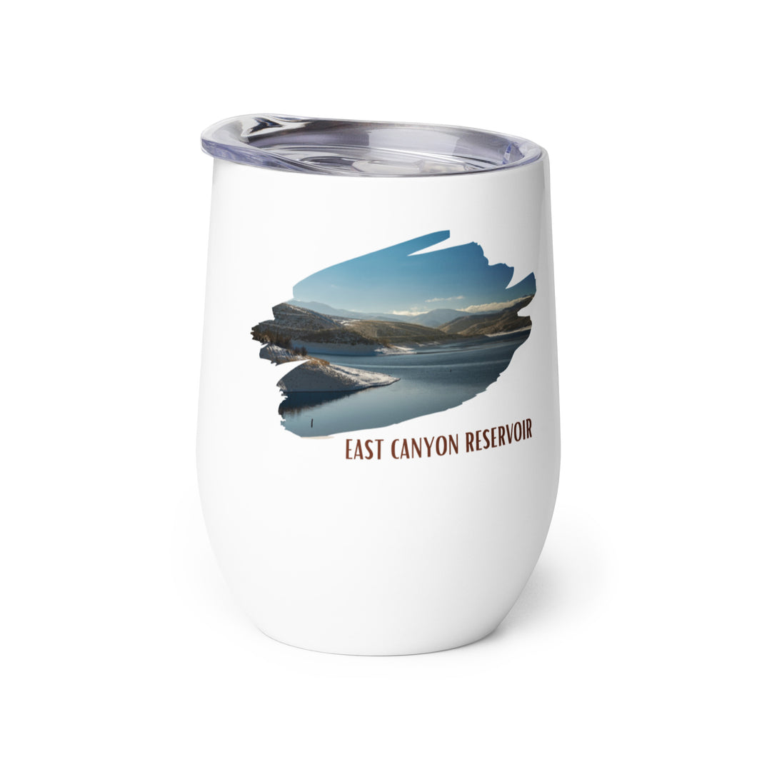 Wine tumbler, white with East Canyon Reservoir, UT printed on the left side.