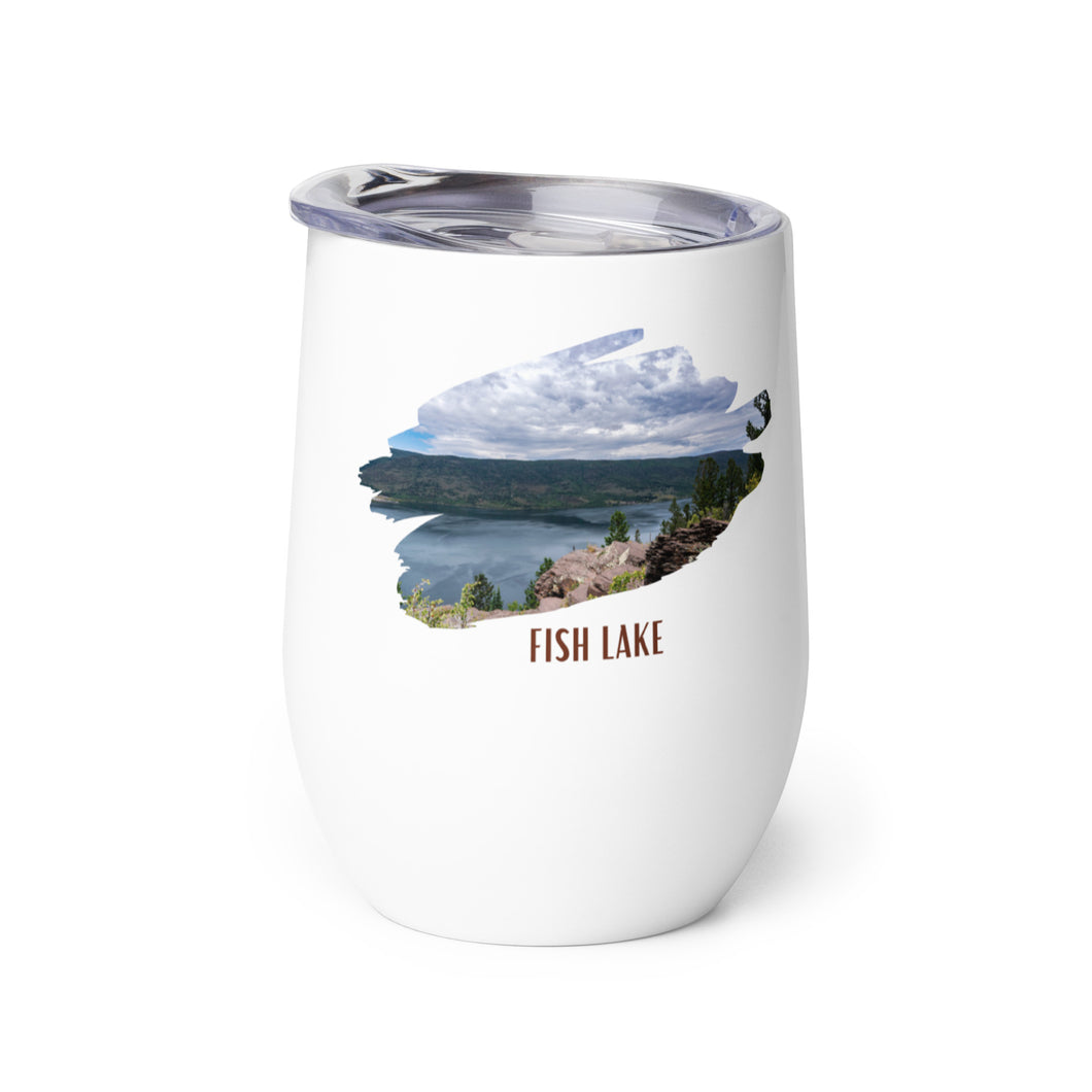 Wine tumbler, white with Fish Lake, UT printed on the left side.