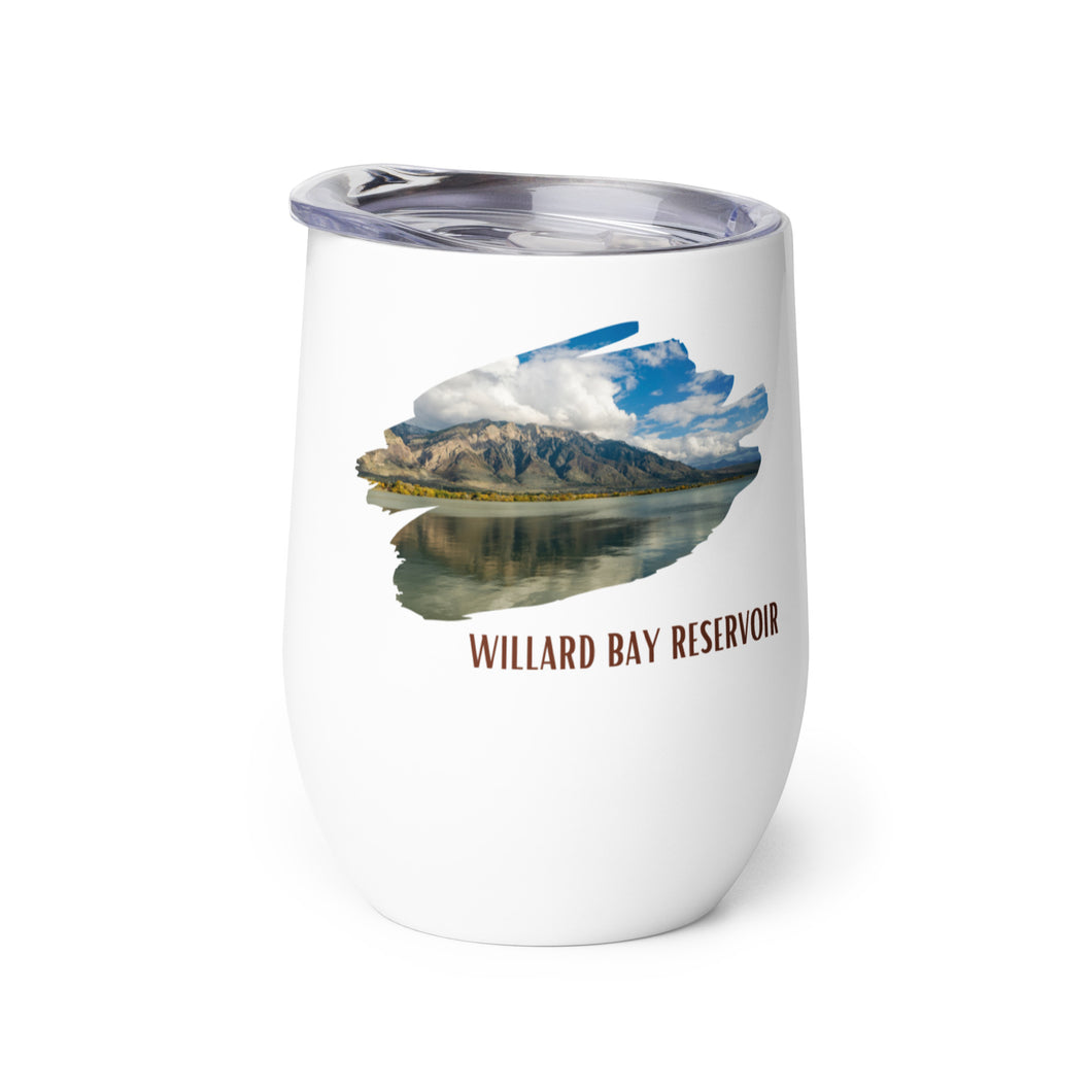 Wine tumbler, white with Willard Bay Reservoir, UT printed on the left side.