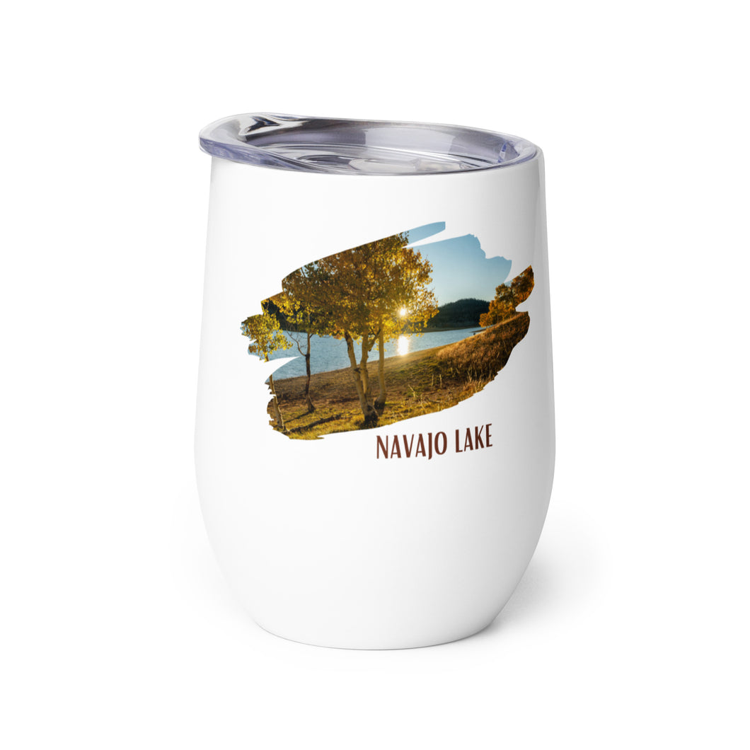 Wine tumbler, white with Navajo Lake, UT printed on the left side.