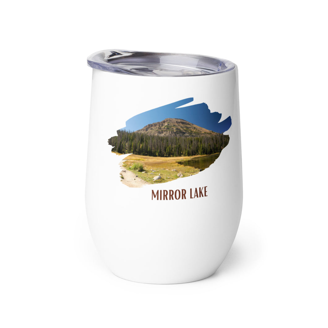 Wine tumbler, white with Mirror Lake, UT printed on the left side.