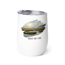Load image into Gallery viewer, Wine tumbler, white with Great Salt Lake, UT printed on the left side.