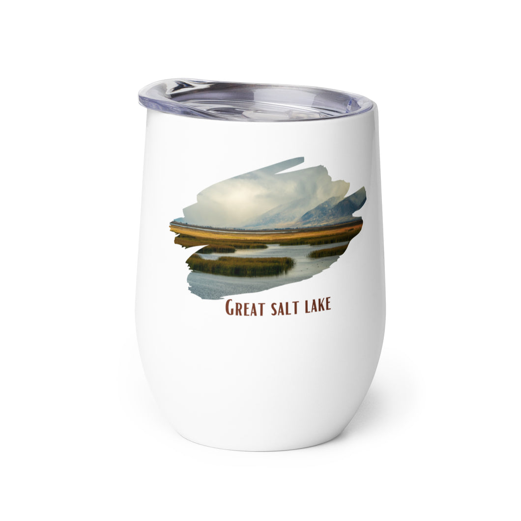 Wine tumbler, white with Great Salt Lake, UT printed on the left side.