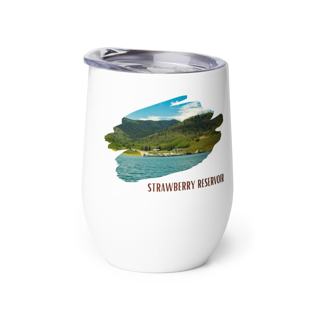 Wine tumbler, white with Strawberry Reservoir, UT printed on the left side.