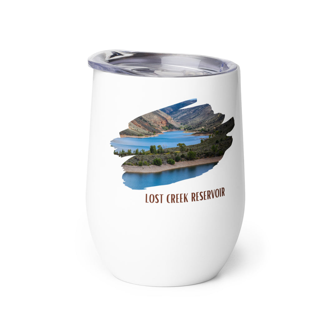 Wine tumbler, white with Lost Creek Reservoir, UT printed on the left side.