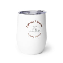 Load image into Gallery viewer, Collectible wine tumbler, white with Ana’s CameraWork logo– Camping Collection, printed on the right side.
