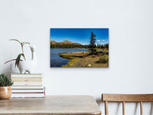 Load image into Gallery viewer, "'Nature's Harmony' 16" x 24" - Enhancing a white wall, above a wooden table with books and a small potted plant, showcasing the relationship between size and surroundings."