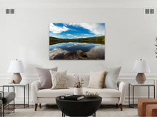 Load image into Gallery viewer, "'Tranquil Oasis' 40" x 60" - Adorning a white living room with white furniture and an orange sofa, creating a harmonious space with a black coffee table."