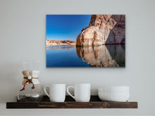 Load image into Gallery viewer, "’Nature's Footprint’ 16" x 24" - Size comparison with a mugs, vases on a brown shelf, highlighting the print's impact in various settings."