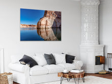 Load image into Gallery viewer, "’Nature's Footprint’ 40" x 60" - Vibrant presence in an elegant living room with white walls and furniture, showcasing the print's nature formation allure."