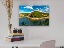 Load image into Gallery viewer, •	" Serene and Beauty 16" x 24" - Size comparison with a vase, books on a beige desk, highlighting the print's impact in various settings."