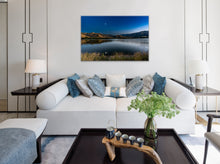 Load image into Gallery viewer, "’Strange Moon Reflection’ 40" x 60" - Impeccable elegance in a living room with white wall, showcasing the print's grandeur."
