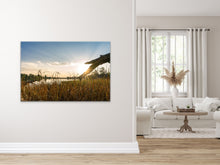 Load image into Gallery viewer, •	"’Summer Sunset’ 40" x 60" - Adorning a beige wall in a living room with creamy, and boho style creating a harmonious and refined ambiance."