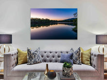 Load image into Gallery viewer, •	" Sun's Rays Kiss 40" x 60" - Adorning a beige wall in a living room with creamy, yellow, gold, and blue furniture, creating a harmonious and refined ambiance."