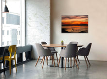 Load image into Gallery viewer, •	"‘Twilight Orange’ 24" x 36" - Enhancing a polished restaurant area with a table for four with wood chairs, and an atmosphere of elegance."