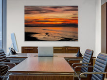 Load image into Gallery viewer, •	"‘Twilight Orange’ 40" x 60" - Adorning a wall in a meeting room with wood table and dark metal chairs, adding life and vibrancy to the space."