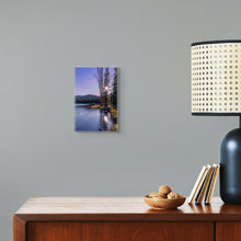 Load image into Gallery viewer, A limited edition 12&quot;x8&quot; portrait, titled &#39;A Ray of Light Through the Pine Tree&#39;, a beautiful image with twilight colors displayed on a gray wall next to a tan counter and lamp to compared size
