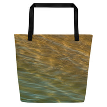 Load image into Gallery viewer, A modern tote bag. All printed with turquoise and terracotta waves, front view.
