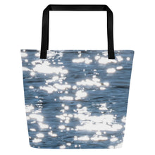Load image into Gallery viewer, Tote bag with all-over print, back side, with bright reflections of the sun on the water, with black handles, one size ready for summer
