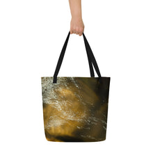 Load image into Gallery viewer, Tote bag with all-over print, vibrant terracotta under water colors. Displayed on its back side, with black swords, held by a female hand.
