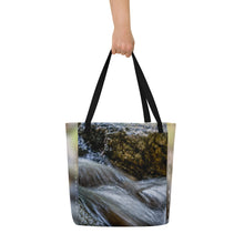 Load image into Gallery viewer, Beautiful Save Water eco tote bag, front view. Made with a beautiful print of a mini waterfall, modern and functional design, perfect for daily use and helps save the environment.
