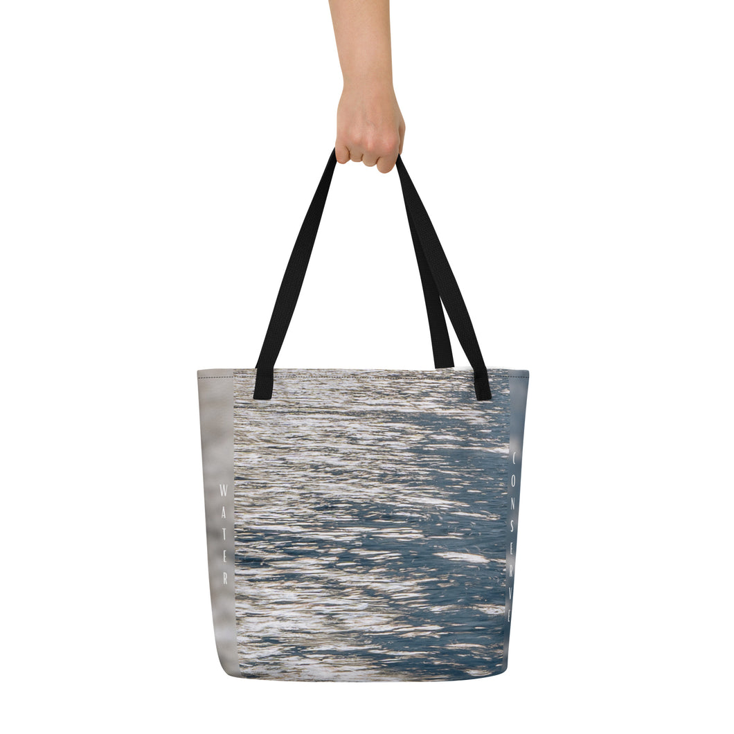 Elegant Tote Bag in grey and blue featuring a vibrant reflection on water