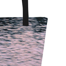 Load image into Gallery viewer, a close-up of tote bag printed with pink tones of sunset reflections, print details and cotton bundles
