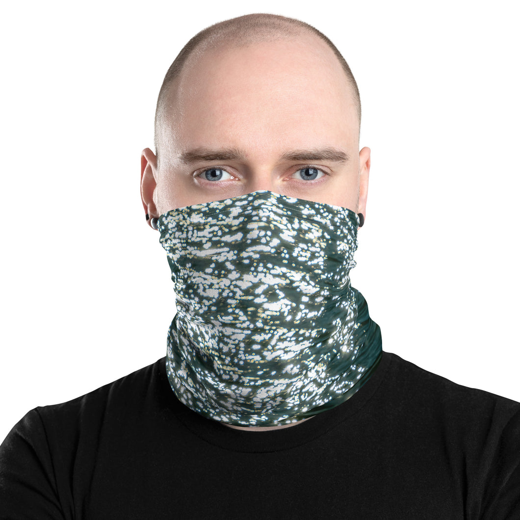 Turquoise neck gaiter with bright sparkles, modeled frontally on a man's face