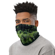 Load image into Gallery viewer, Pando trees reflections, all over print neck gaiter, wearing as a face cover.
