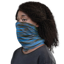 Load image into Gallery viewer, A neck gaiter on the left side, modeled like a face mask in vibrant blue and green colors.
