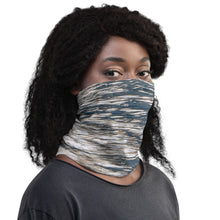 Load image into Gallery viewer, A black woman, modeling a gaiter to cover her face, beautiful gray and blue colors matching Ana&#39;s CameraWork tote bag.
