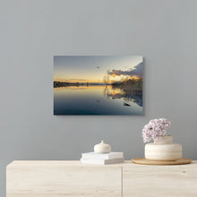 Load image into Gallery viewer, A download pic of Andy Adam&#39;s Reservoir,  stunning twilight. Trees and shrubbery reflecting on the water. Displaying on a neutral wall over a shelf.
