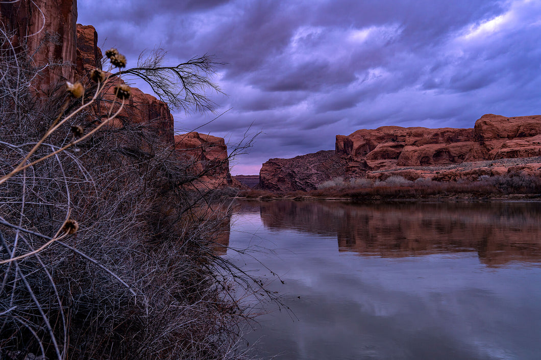 8609052 Limited edition photograph, main picture, of an evening twilight, on the Colorado River in Utah, rock formations reflecting in the water.