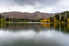 Load image into Gallery viewer, Rain falling on Big East Lake, Utah, with golden autumn trees and mountains reflected on the calm water.
