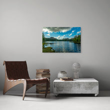 Load image into Gallery viewer, Digital download title Bright Reflection at Teapot Lake, surrounded of pines, blue sky reflection on the water. Display on neutral wall in living room.
