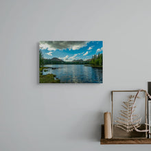 Load image into Gallery viewer, Digital download title Bright Reflection at Teapot Lake, surrounded of pines, blue sky reflection on the water. Display on neutral wall over a shelf.
