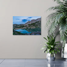 Load image into Gallery viewer, A picture title Cloudy Sky over Cecret Lake. The sky and mountains reflecting on the water showing cool temperture, display on a neutral wall
