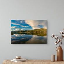 Load image into Gallery viewer, A picture title Currant Creek Reservoir an Alpine Lake, sunset refLection over clear water, display on neutral wall  over a shelf.

