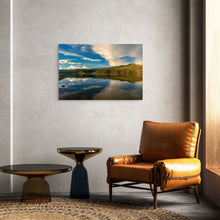 Load image into Gallery viewer, A picture title Currant Creek Reservoir an Alpine Lake, sunset refLection over clear water, display in a small living room. 
