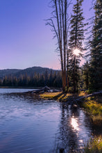 Load image into Gallery viewer, A limited edition vertical image of a twilight in Crystal Lake, Utah. The sun shines behind the foliage of a pine tree.
