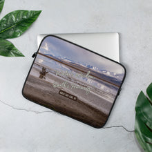 Load image into Gallery viewer, Laptop Sleeve - 15&quot; with Great Salt Lake, UT., image and inspirational text: &quot;Water&#39;s wisdom, earth&#39;s harmony&quot;
