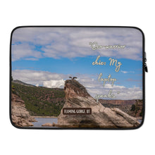 Load image into Gallery viewer, Laptop Sleeve - 15&quot; with Flaming Gorge,UT., image and inspirational text: &quot;Eco_Warrior clic: My laptop speaks&quot;
